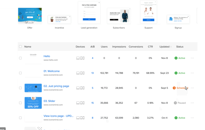 Dashboard screenshot of Adoric showing behavioral targeting, event triggers, AI product recommendations, personalized campaigns, and A/B testing.