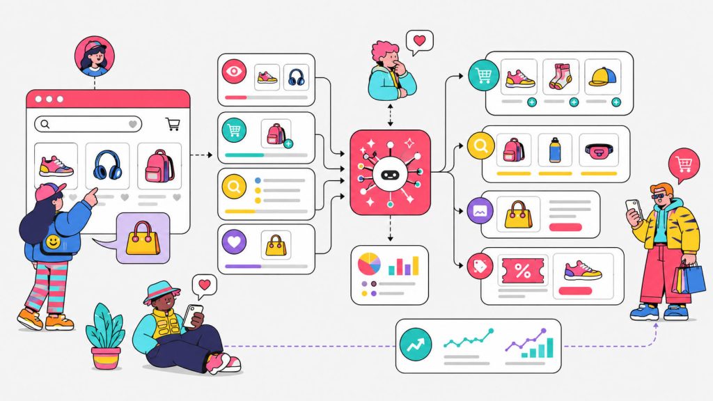 Visual showing ecommerce personalization using cart contents, site search, browsing behavior, product recommendations, and real-time visitor intent.