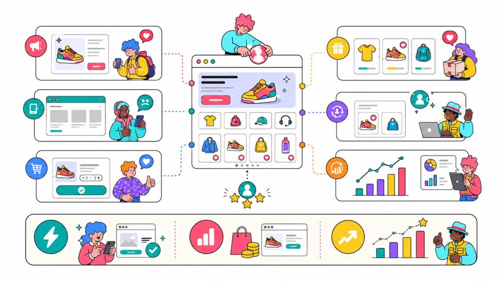 Visual showing website personalization benefits including better message match, lower bounce rates, higher conversions, increased AOV, and returning visitor engagement.