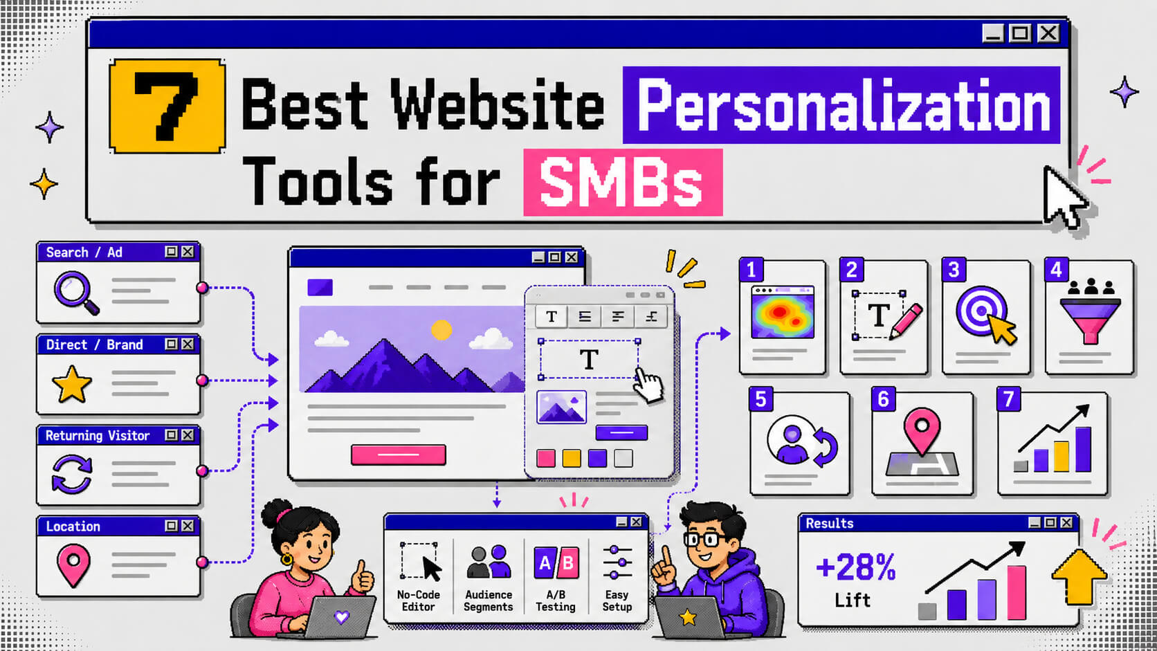 Hero visual showing website personalization tools with audience targeting, dynamic page variants, A/B testing, behavioral signals, and conversion tracking.