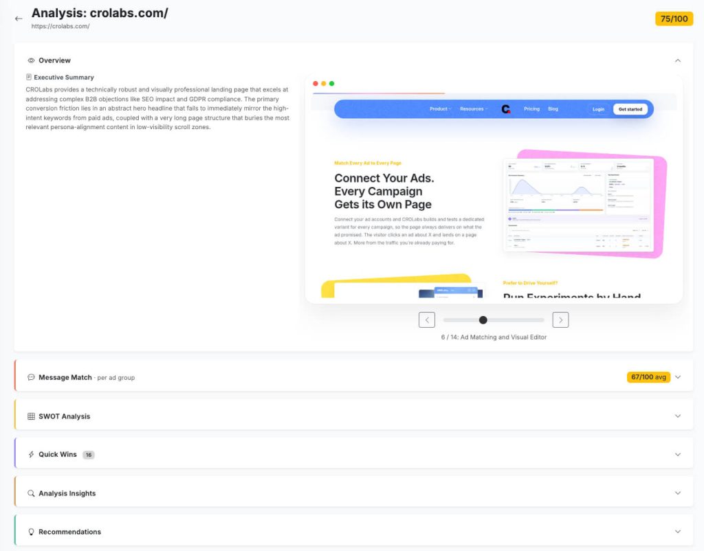 CROLabs Advisor reviewing a landing page with an overall conversion score, key weaknesses, quick wins, and ranked recommendations for what to improve next.