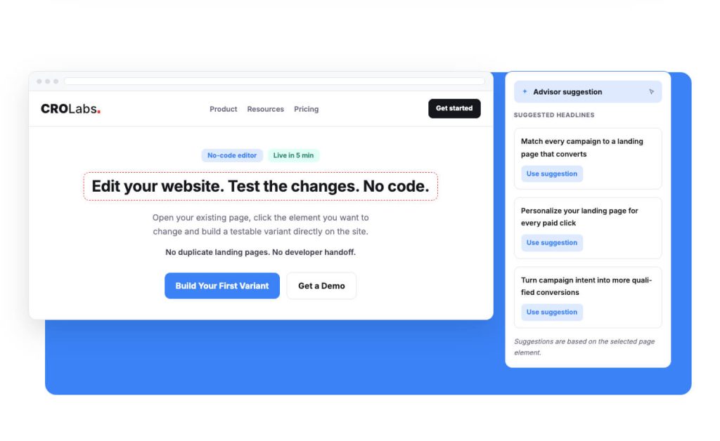 CROLabs website mockup with a selected hero headline and an Advisor suggestion panel showing alternative headline recommendations that can be applied directly from the editor.
