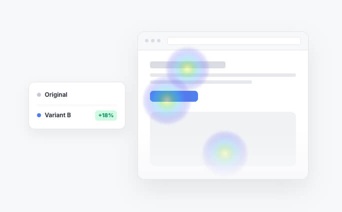 CROLabs showing a landing page with a heatmap overlay and a simple experiment result panel comparing the original against Variant B with an 18% uplift.
