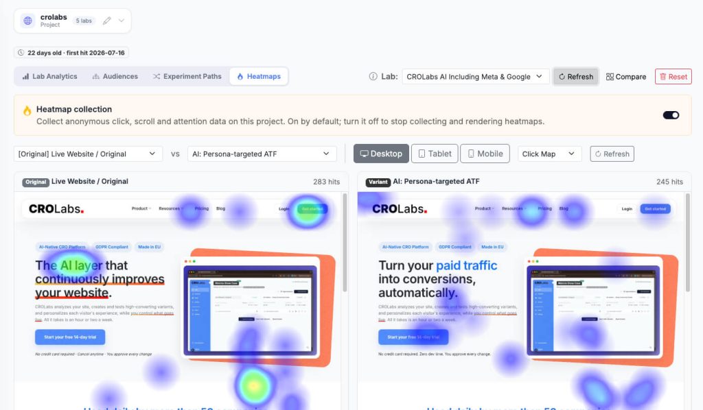 CROLabs heatmap showing where visitors click and how far they scroll, helping identify which page elements get attention, which are ignored, and what to test next.