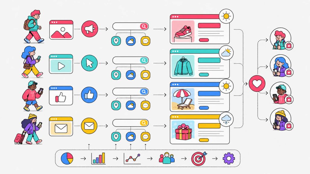 Visual showing landing page personalization by traffic source, exact search term, location, weather, and narrow audience intent.