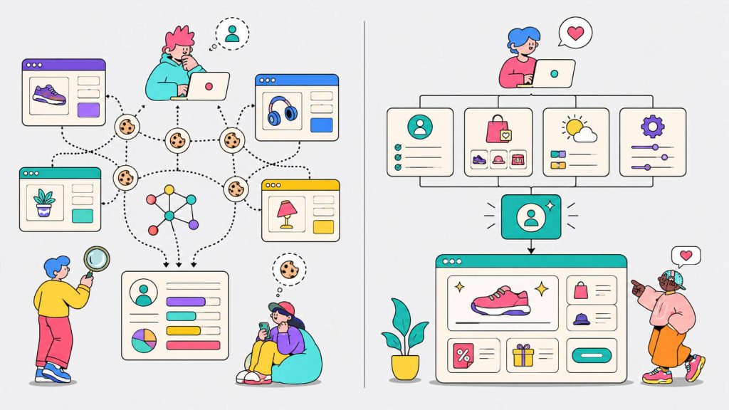 Comparison visual showing third-party cookie tracking versus cookieless personalization using first-party, zero-party, contextual, and account data.