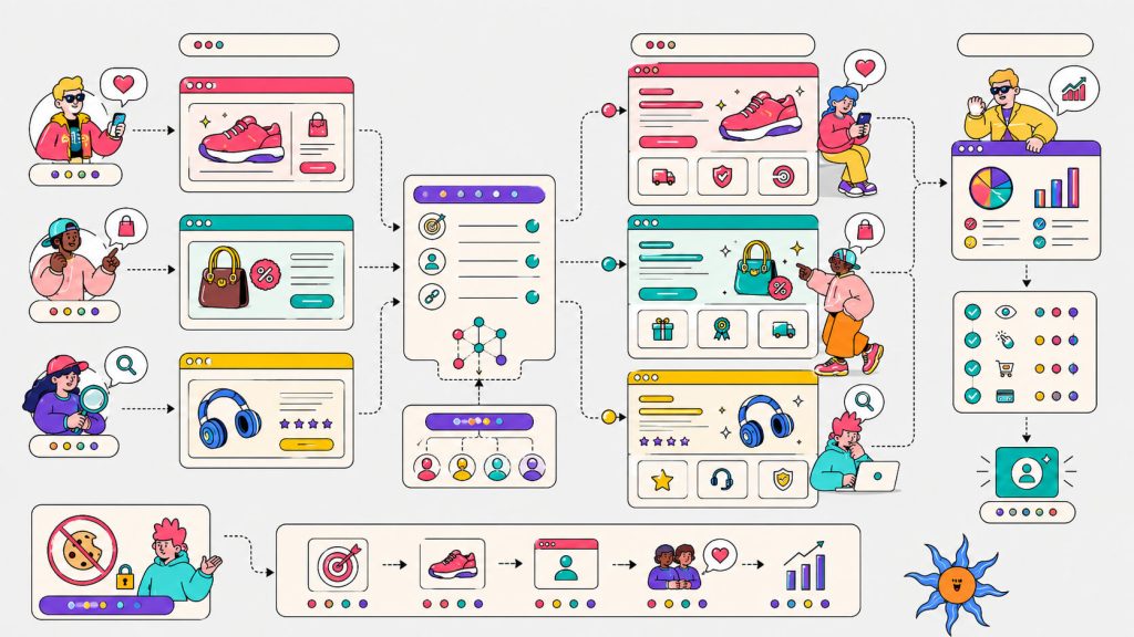 Visual showing cookieless ad-to-page personalization with campaign-specific headlines, offers, CTAs, landing page variants, and conversion tracking.