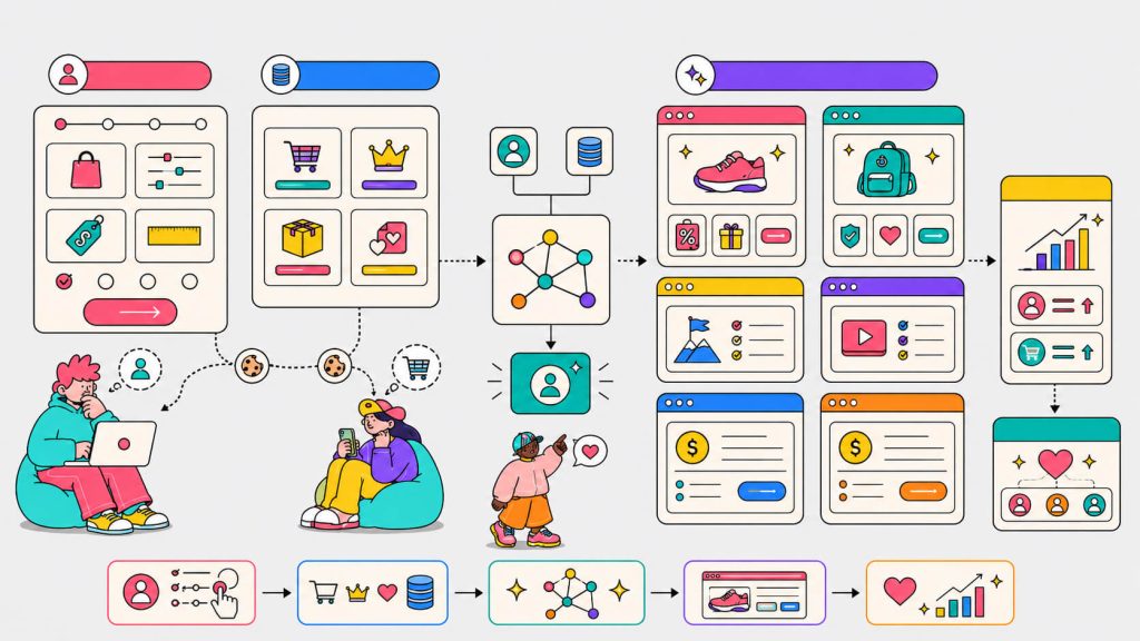 Workflow visual showing cookieless personalization from privacy-friendly visitor signals to audience targeting, A/B testing, conversion tracking, and validated results.