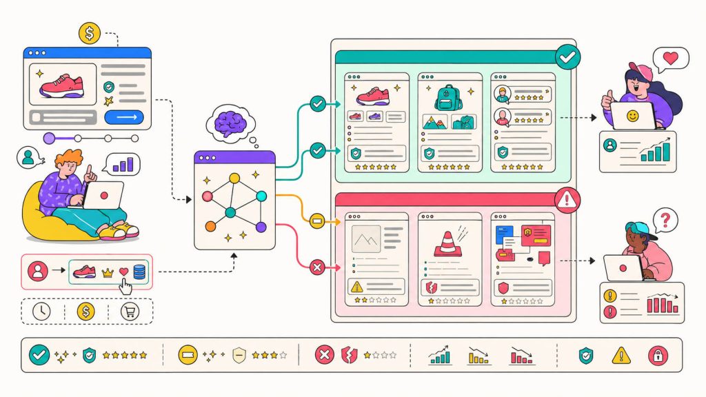Visual showing final URL expansion selecting from multiple site pages, including landing page quality differences, URL exclusions, and paid traffic risk.