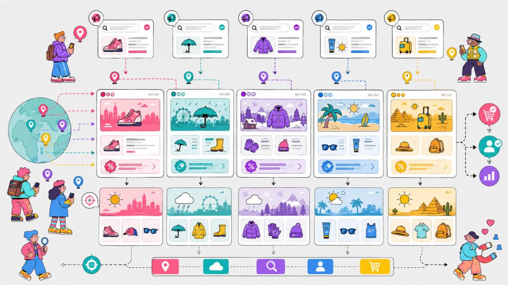 Visual showing personalized website banners, landing pages, offers, and recommendations based on location, paid search intent, and local weather.