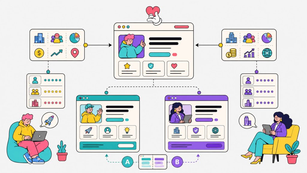 Visual showing homepage personalization for different company stages with tailored headlines, messaging, audience segmentation, and conversion testing.