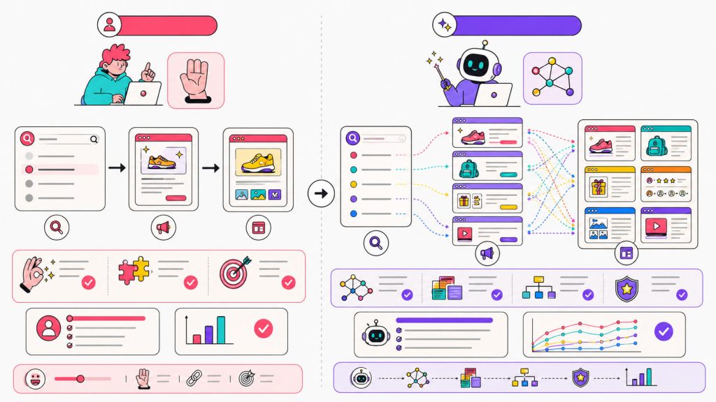Comparison visual showing manual ad-to-page message match versus AI Max automated query, ad copy, and landing page selection.