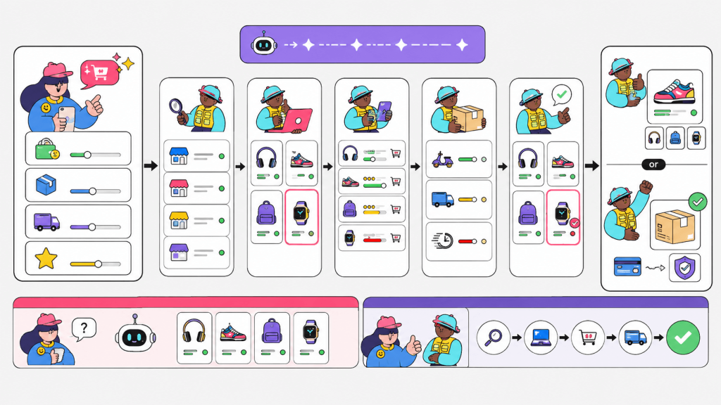 Visual showing an AI shopping agent researching products, comparing merchants, checking prices and inventory, and completing a purchase for a user.