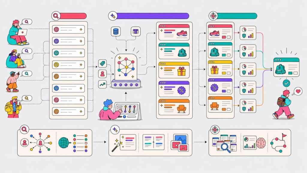 Process visual showing Google AI Max search term matching, text customization, final URL expansion, and AI-driven query-to-page routing.