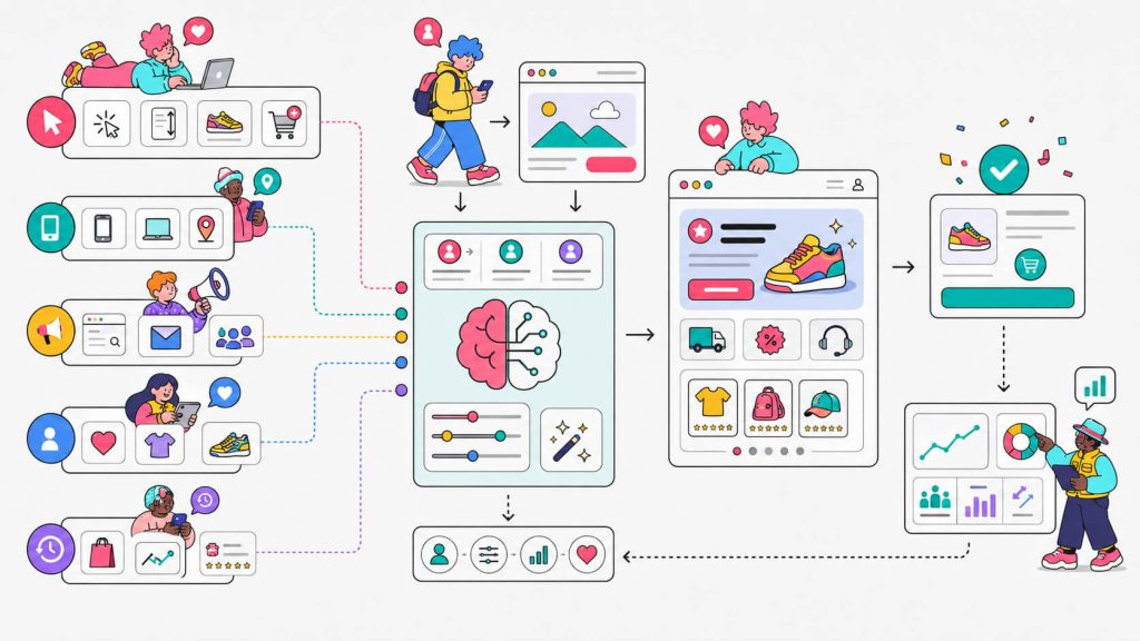 Visual explaining how behavioral, contextual, source, explicit, and historical visitor signals trigger personalized website content and experiences.