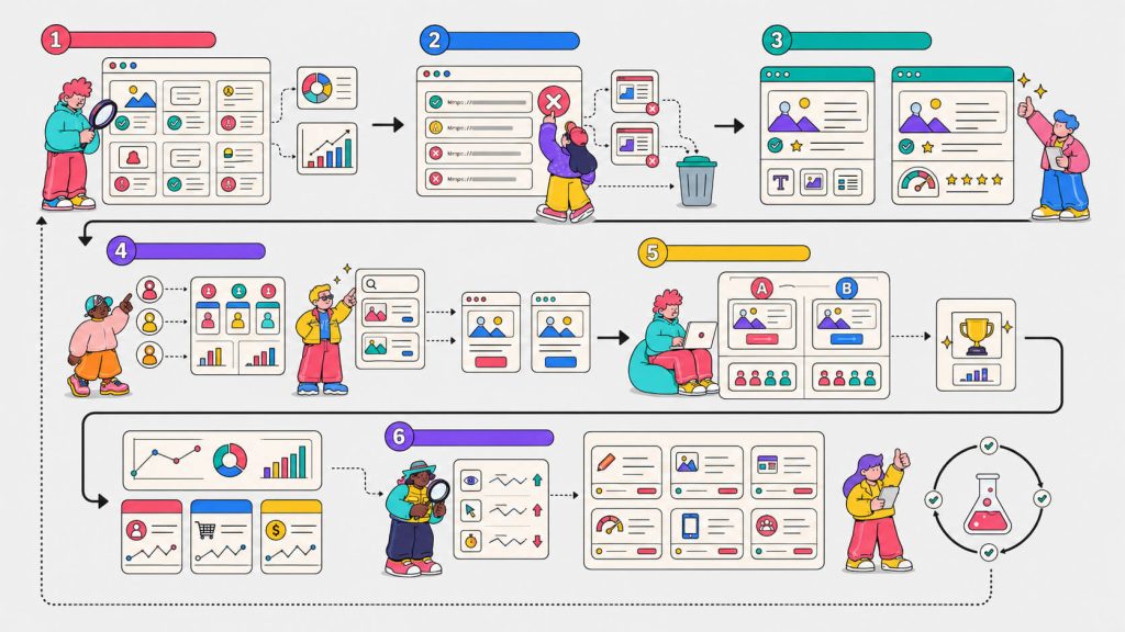 Workflow visual showing page audits, URL exclusions, ad-to-page personalization, A/B testing, and CRO strategies to protect message match under AI Max.