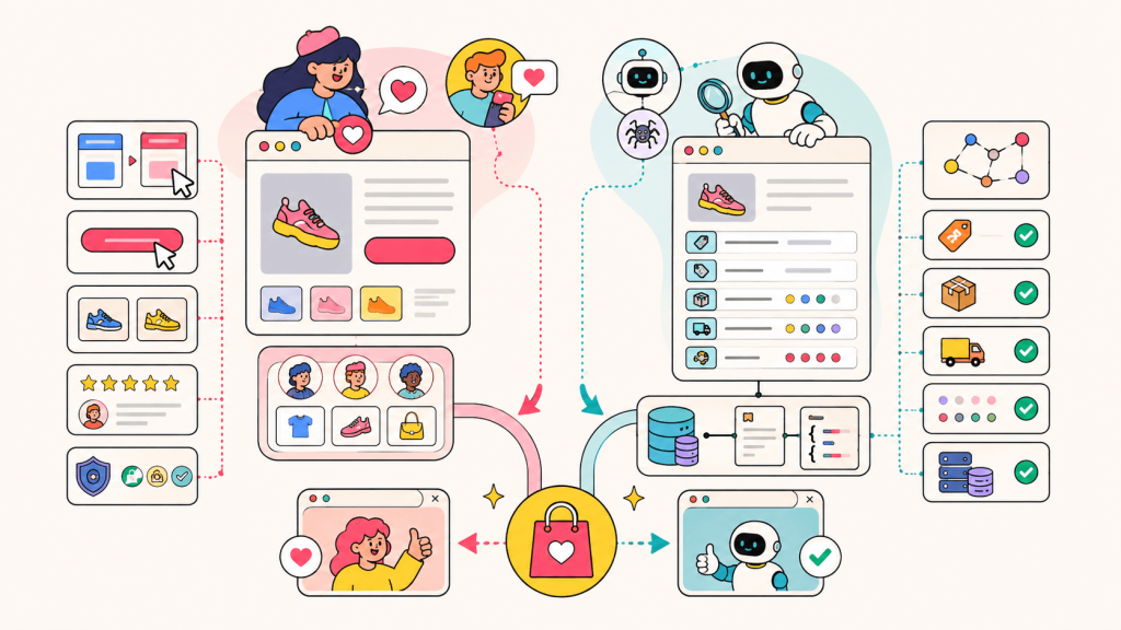 Visual comparing human-focused CRO with AI agent optimization using structured data, pricing, inventory, trust signals, personalization, and experimentation.