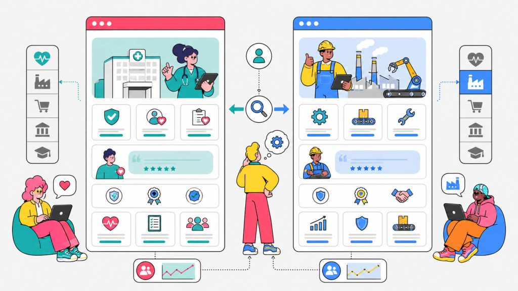 Visual showing landing page personalization with industry-specific testimonials, customer logos, proof blocks, and tailored messaging by vertical.