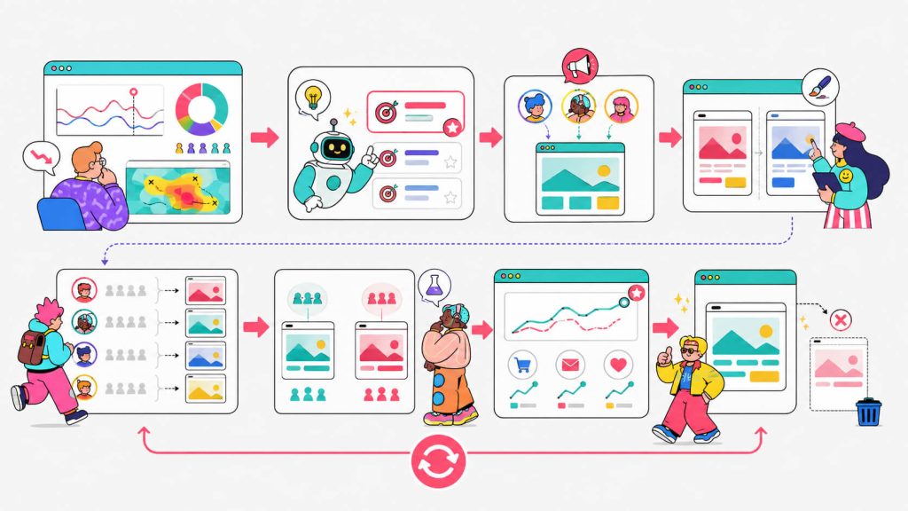 Workflow visual showing landing page personalization from analytics and AI prioritization to targeting, A/B testing, and conversion tracking.