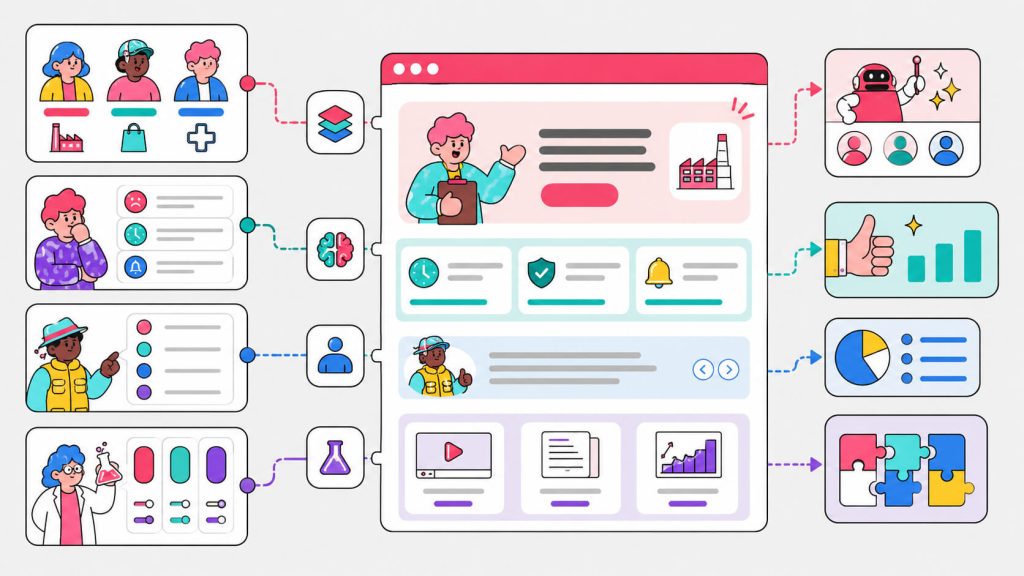 Visual showing layered landing page personalization using industry, pain-point, and behavioral signals to create more relevant page experiences.