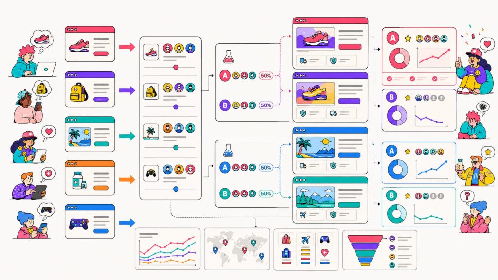 Visual showing A/B testing with dynamic content, traffic-source personalization, audience targeting, location-based variants, and conversion tracking.