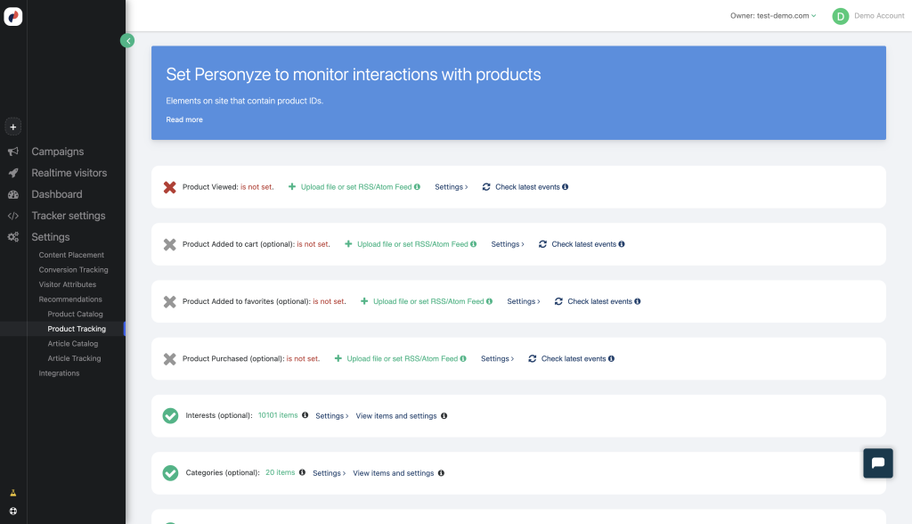 Dashboard screenshot of Personyze showing customer profiles, CRM-based personalization, cross-channel targeting, KPI tracking, and campaign management.