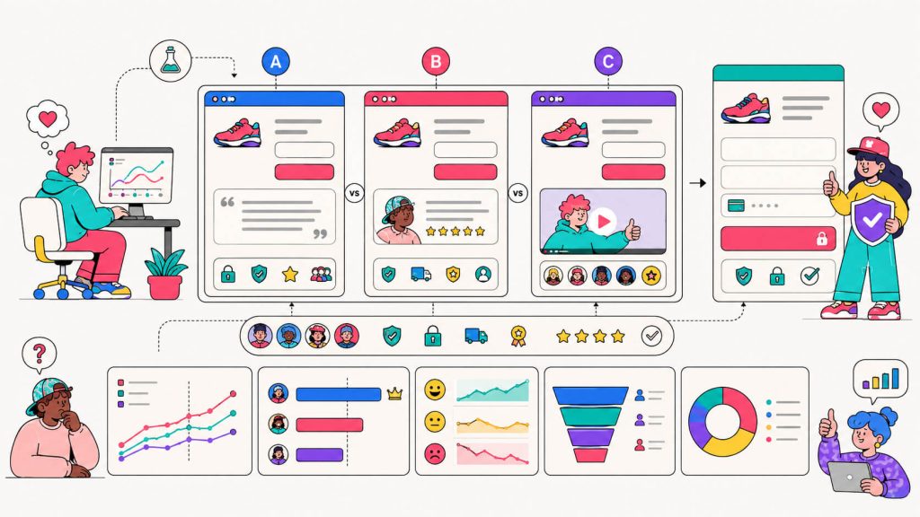 Visual showing A/B tests for testimonials, video proof, trust badges, security signals, placement, visitor confidence, and conversions.