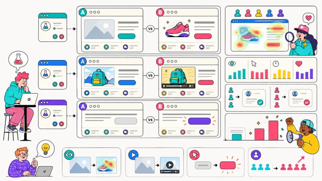 Visual showing A/B tests for hero images, video versus static content, CTA contrast, page visuals, engagement, and conversion performance.