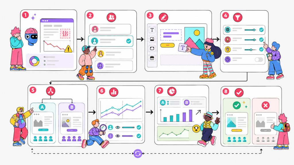 Workflow visual showing website personalization from AI analysis and audience selection to visual editing, targeting, A/B testing, and conversion tracking.