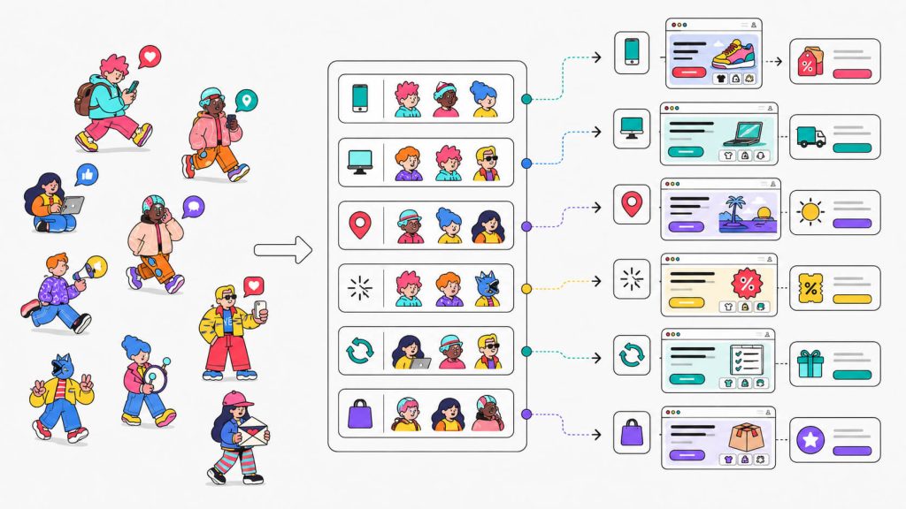 Comparison visual showing how segmentation groups website visitors before personalization delivers tailored content, CTAs, offers, and page experiences.