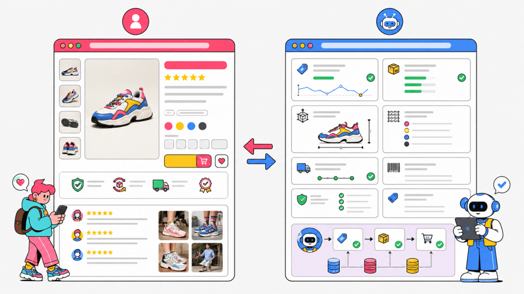 Comparison visual showing human shoppers viewing website design while AI agents analyze structured product data, pricing, inventory, and backend information.