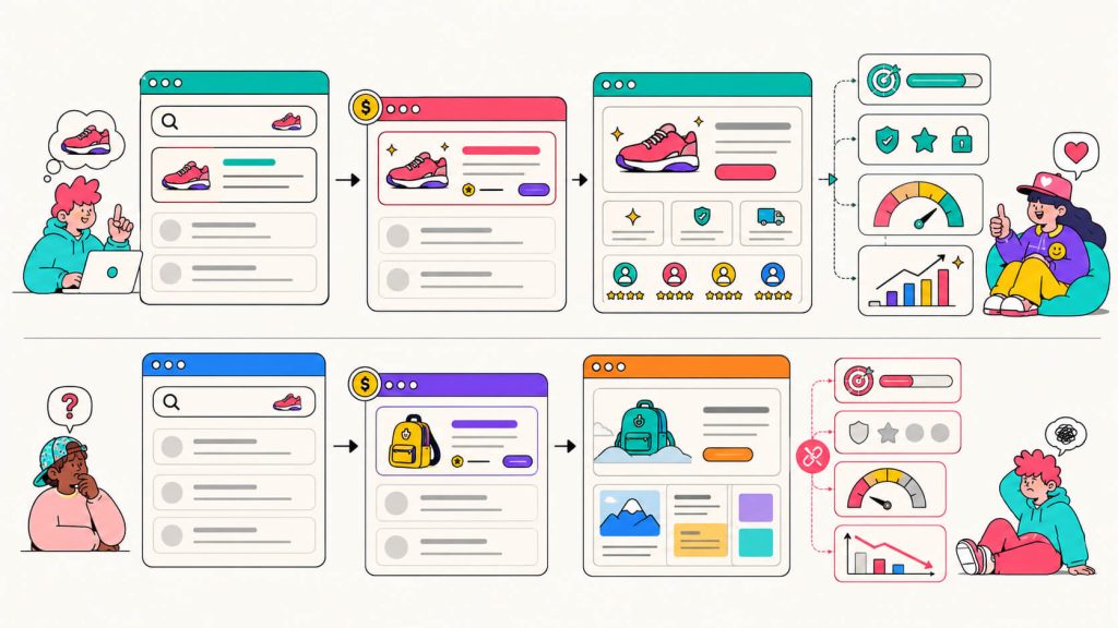 Visual showing a paid search query, matching ad, aligned landing page, and the impact of message match on trust, quality score, and conversions.