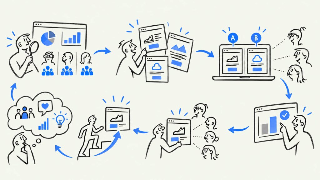 Workflow visual showing continuous website optimization through audience research, personalized experiments, conversion analysis, validated rollouts, and iterative testing.