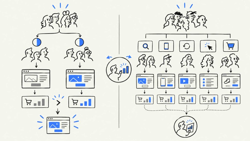 Comparison visual showing the differences between A/B testing and personalization, including random traffic splits, audience targeting, tailored variants, and conversion measurement.