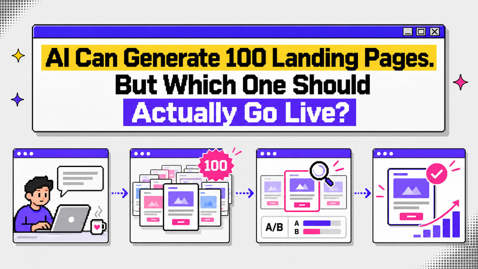 Hero visual showing AI-generated landing page variants, shortlisting, evaluation, testing, and conversion-focused decision making.