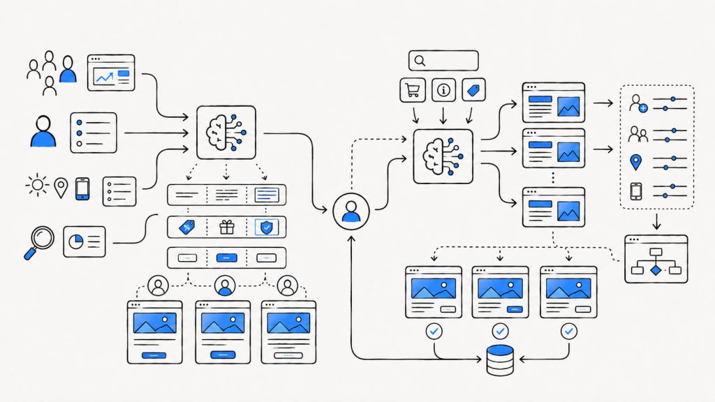 Visual showing AI-driven personalization, first-party and contextual data, dynamic landing pages, AI-generated ad routing, and post-click conversion optimization.