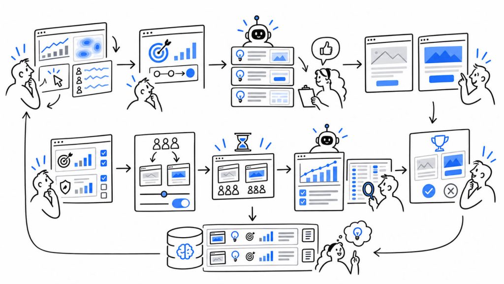 Workflow visual showing AI-powered A/B testing from funnel audits and hypothesis generation to experiment setup, analysis, documentation, and continuous optimization.