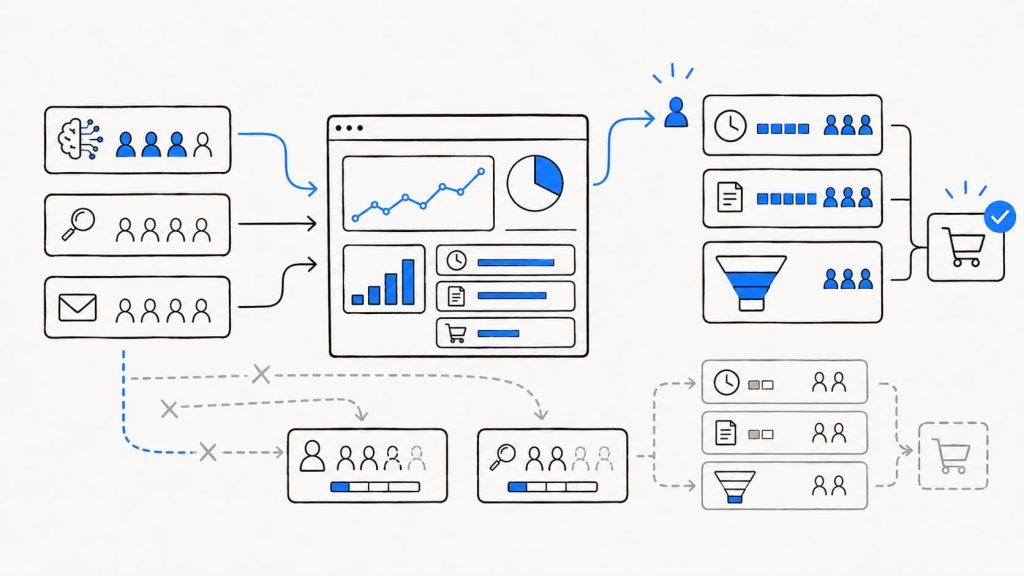 Analytics visual showing high-converting AI traffic, attribution gaps, missing referrers, misclassified direct traffic, and visitor behavior differences.