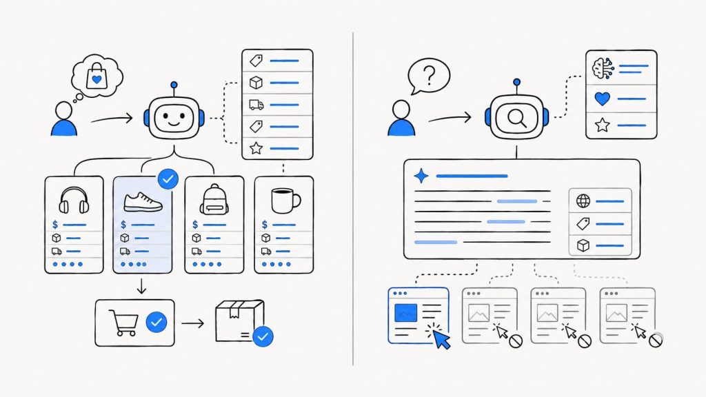 Visual showing AI shopping agents, zero-click AI search, structured product data, cited brands, and shifting website traffic behavior.