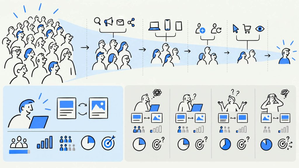 Visual showing how increasingly narrow personalization segments reduce test traffic, increase experiment duration, and affect statistical reliability.