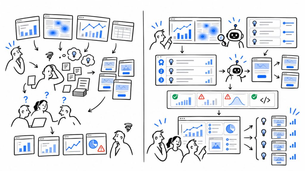 Visual showing how AI-powered experimentation helps CRO teams identify test opportunities, reduce manual work, detect measurement issues, and streamline testing.
