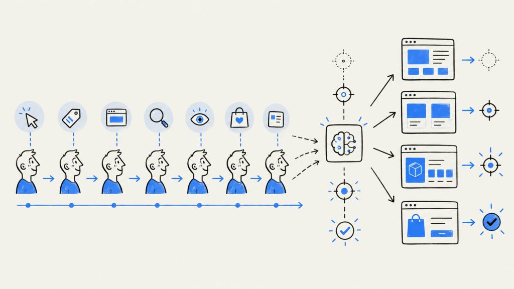 Visual showing per-visitor personalization adapting website content over time using browsing history, session behavior, purchases, and individual intent signals.