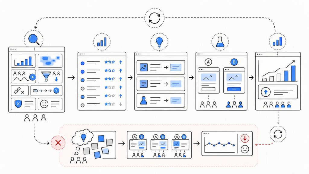 Workflow visual showing a CRO audit identifying friction before findings are prioritized, turned into hypotheses, tested, and measured for conversion impact.