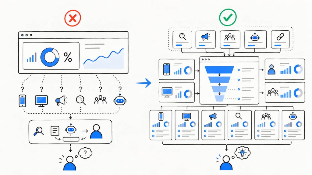 Visual showing CRO analytics mistakes including blended conversion rates, hidden funnel drop-offs, incorrect attribution, and misclassified traffic sources.