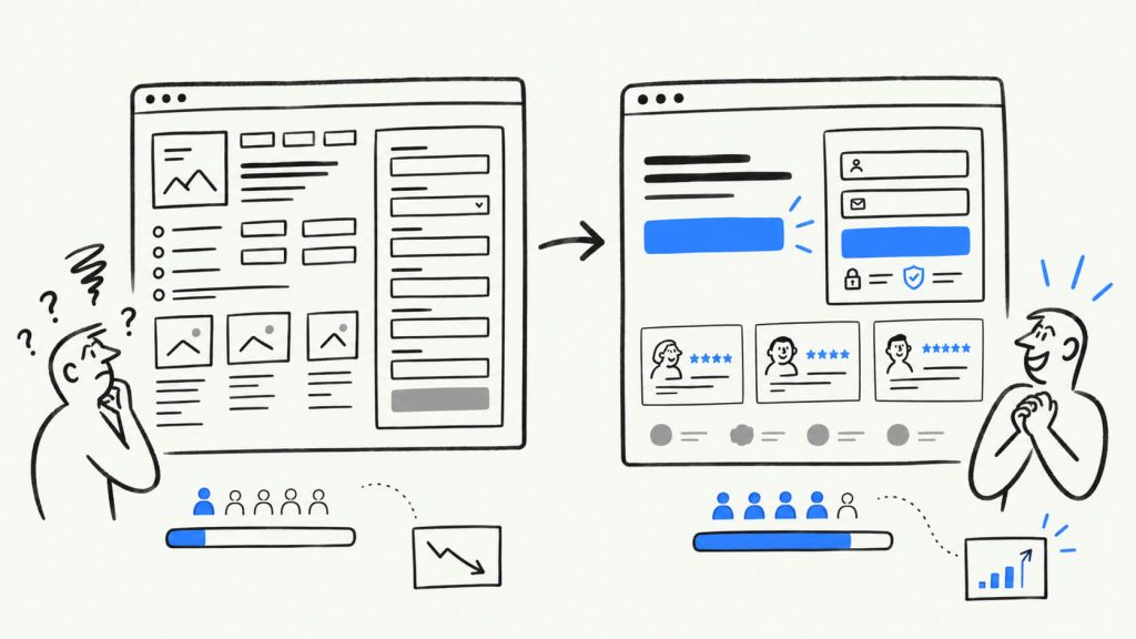 Visual showing one clear CTA, shorter forms, trust signals, testimonials, security indicators, and reduced friction on a landing page.