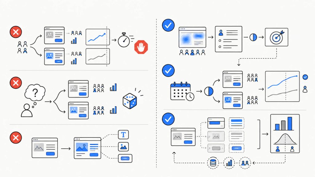 Visual showing A/B testing mistakes including early stopping, weak hypotheses, low sample sizes, and testing too many variables at once.