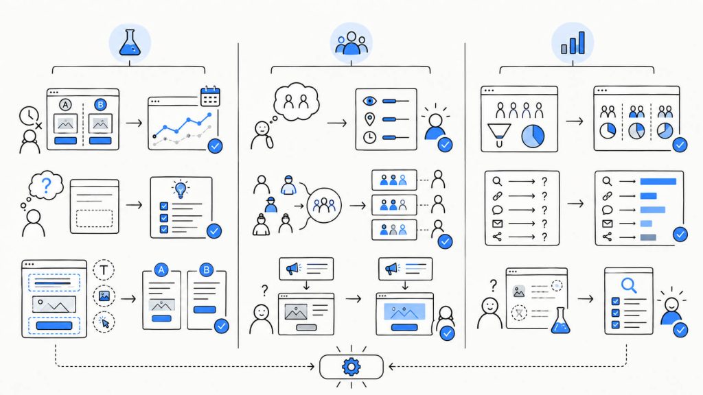 Framework visual showing common CRO mistakes across A/B testing, personalization, data quality, traffic attribution, and website auditing.
