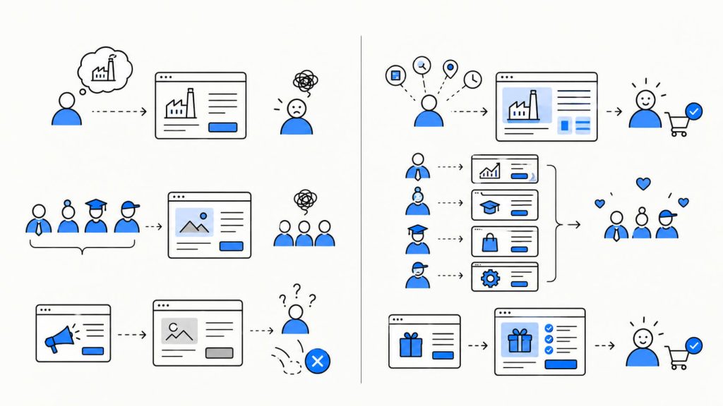 Visual showing personalization mistakes such as incorrect assumptions, overly broad segments, poor message match, and behavior-based targeting alternatives.