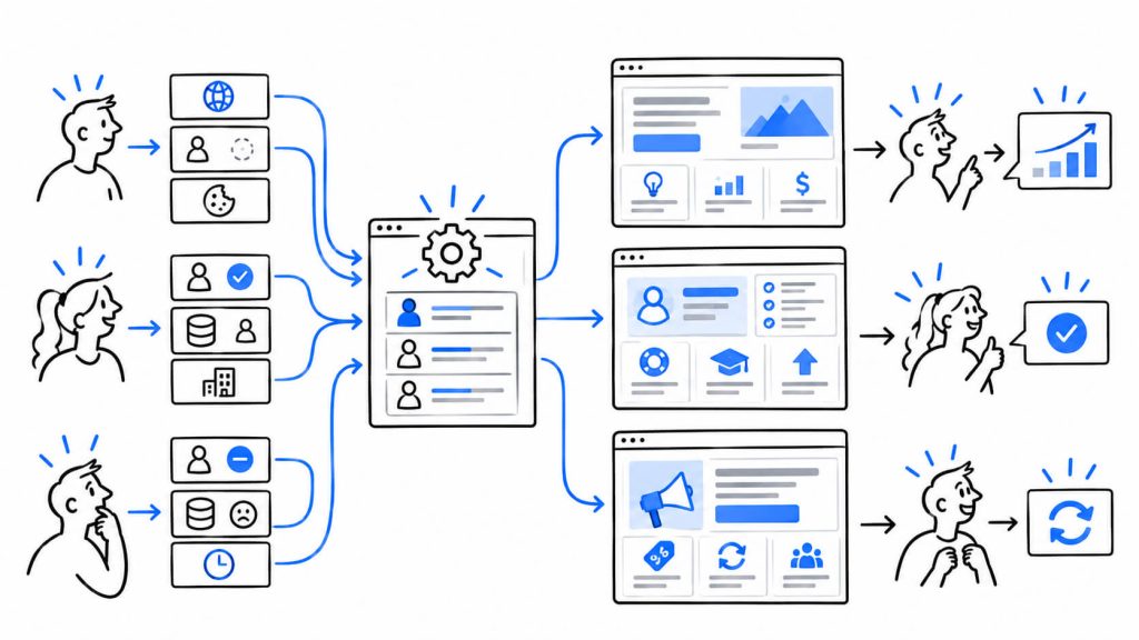Visual showing personalized homepage experiences for prospects, existing customers, and churned accounts based on customer status and CRM signals.