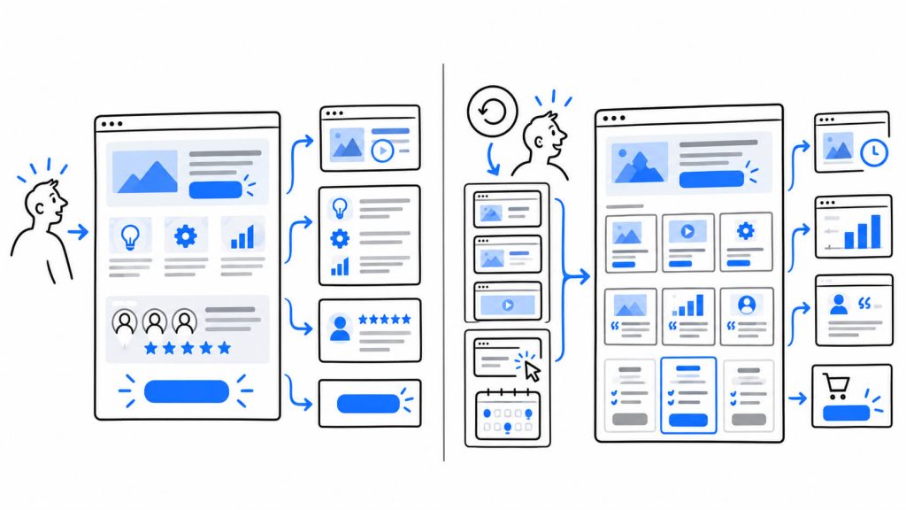 Visual comparing first-time and returning visitor experiences using previous page views, conversion history, campaign context, and deeper-funnel CTAs.